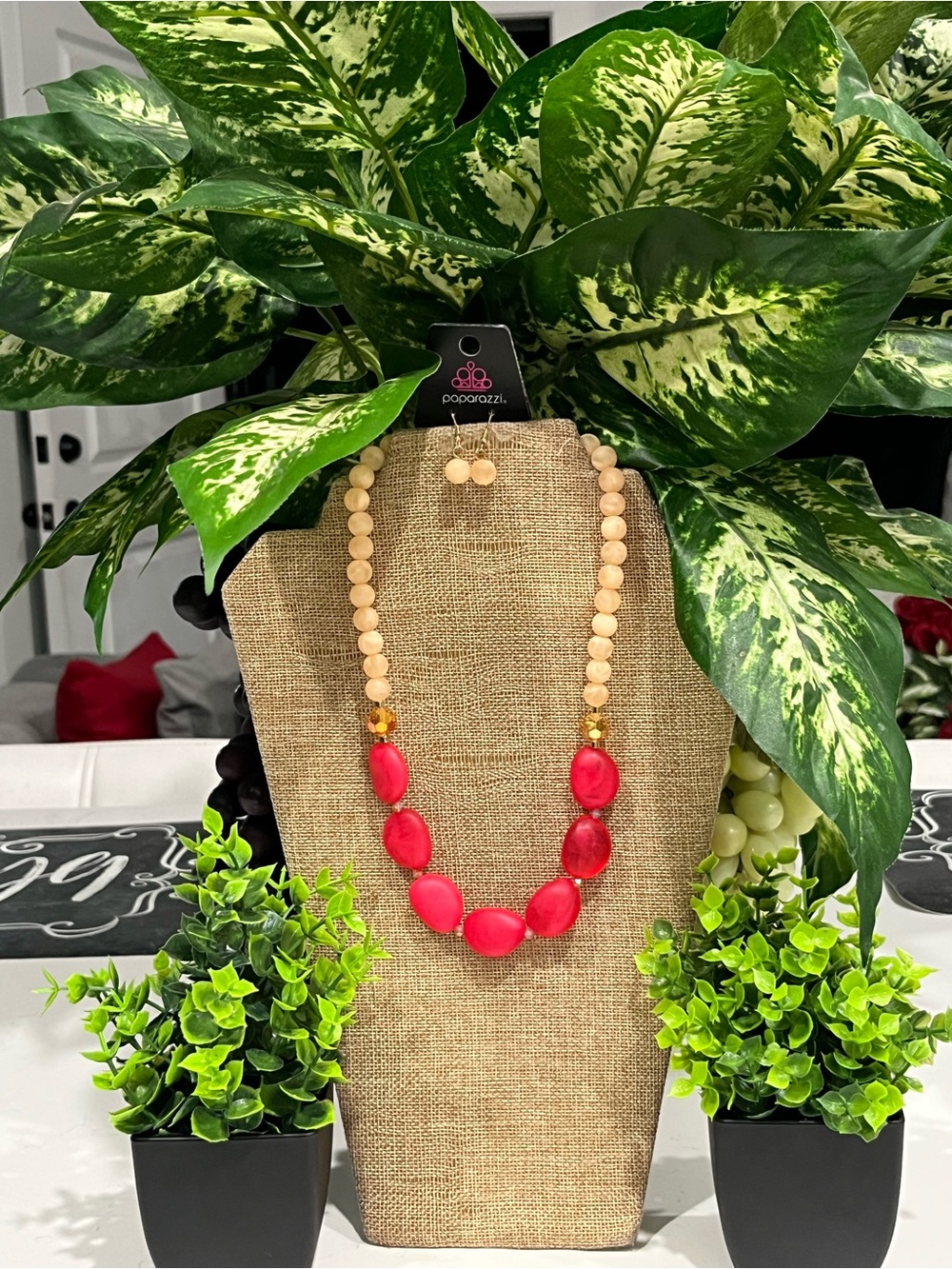 paparazzi Hot Pink and Beige Beaded Necklace with Stud Earrings